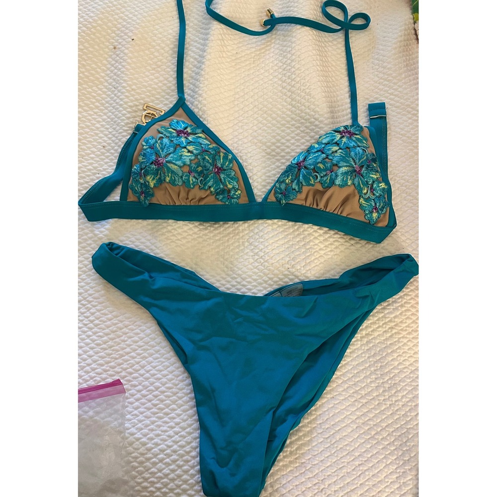 Beach Bunny Bikini Set rare vintage Floral Applique Teal Blue Swimsuit Bottoms L